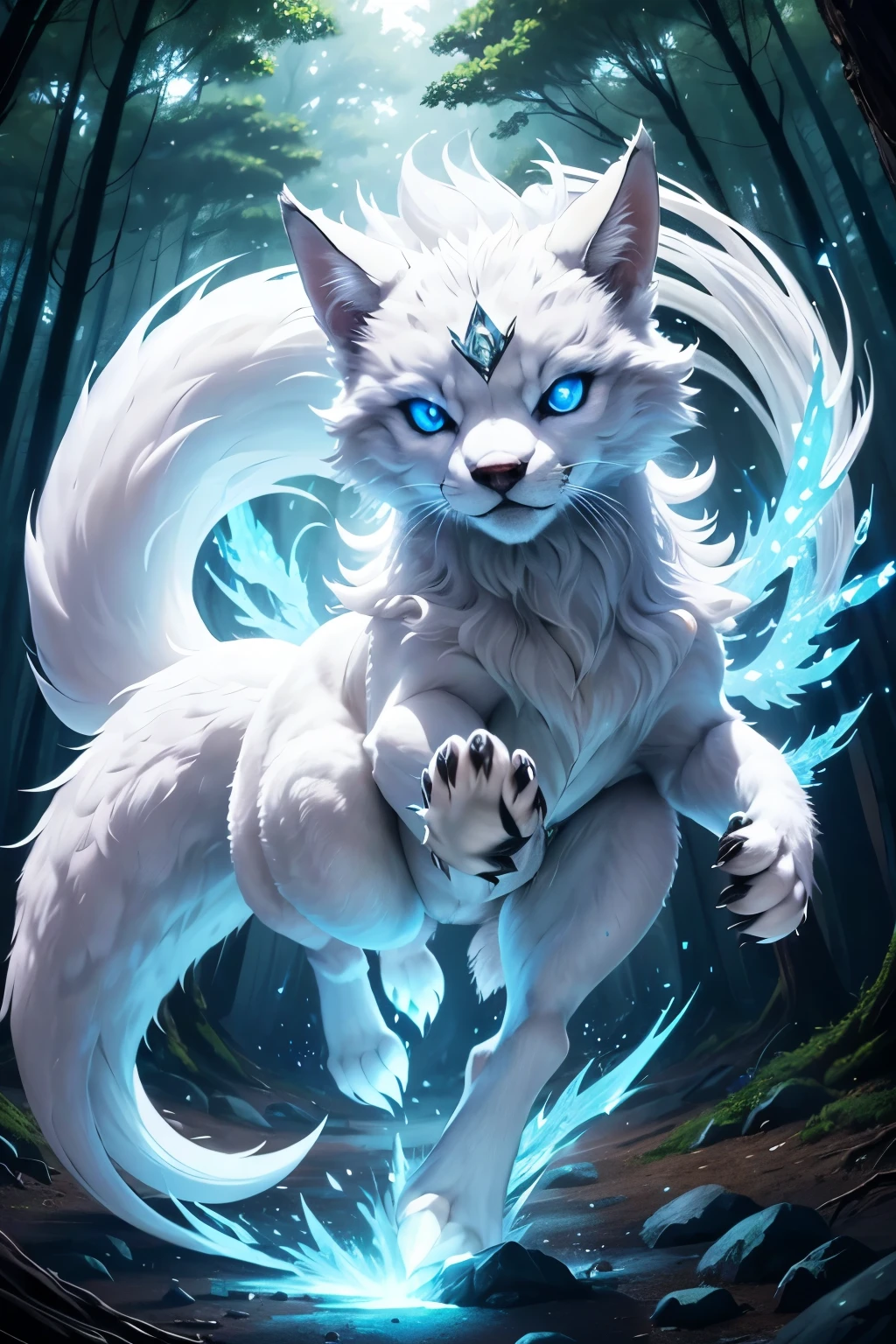 9-tailed fox running in the forest, Day Light, epic, anime styling, beautiful and monstrous, masterful, pelugem linda, white and blue, blue bright eyes, crystals in the body, diamond paws and claws., ultra detaild, anime style, bijuu, 3 meters tall, sideways raptor. anime styling. Long and long body, giant caldas, powerful appearance, paws with sharp and large diamond claws, body tunified by sharp diamonds. Shiny diamond paws