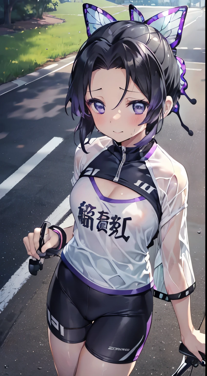 kochou shinobu, (((((Road bike))))), (((Cycling Shorts, Cycling shirts))), (((((bicycleに乗る))))), ((((((Road bikeに跨る)))))), whole body, boost mood, Ultra-realistic 8K CG,masterpiece,, ((Highly detailed background,Delicate pattern,Intricate details, Fine and beautiful eyes)),The best quality in the best condition,とてもとてもとても詳細なface, Highly detailed eyesとface,Highly detailed eyes,kochou shinobu,Multicolored Hair,No bangs,Hair Intake,, Purple eyes,,butterfly,band,(熱band庭園:1.2),Purple Flower,mostly cloudy null,Tyndall effect,slope_null,face,beautiful null,,Seductive posture,(Cleavage:1.3), woman,,Road bike,No underwear, cute, (((Cycling Shorts))),,Laughing with your mouth open, ((Sweat))(See through),((bicycle)),((Black Hair)),blush,((Recall))(Sweatで濡れた)Reflecting the buttocks,bicycleのスパッツ, Mountain