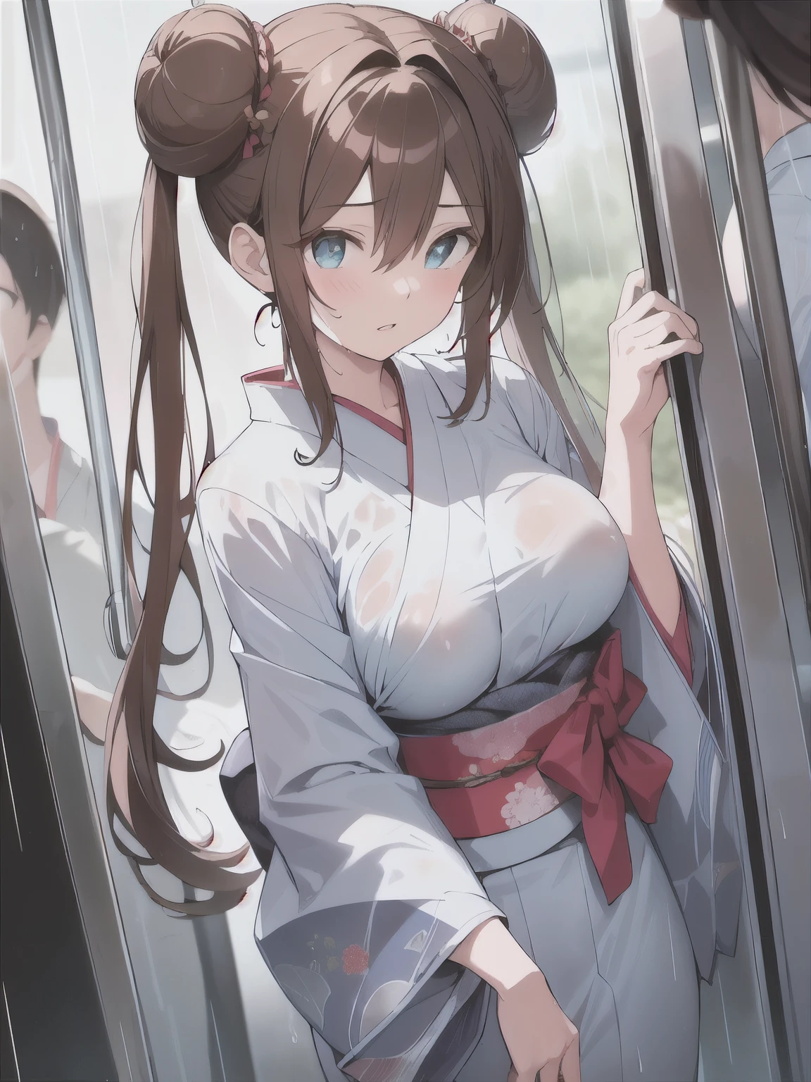 (Highest quality,128k, masterpiece:1.55, photorealistic, hyperrealistic), Ultra detailed face, Detailed lips, Detailed eyes, double eyelid,
BREAK cinematic angle, public indecency, trembling,
BREAK 1girl, solo, (full breasts, pointy breasts, sagging breasts:1.5), (perspired:1.3),
BREAK rosa, brown hair, double bun, doughnut hair bun, hair bun, blue eyes, hair between eyes, twintails,
BREAK (nipples through:1), (wet overflow, wet on hair, wet on body, wet on clothes:1.25),
BREAK yukata, floral printed yukata, Japanese clothes, light blue kimono, wide sleeves, long sleeves,
BREAK outdoors, city, in the train,
Heavy rain:1.5