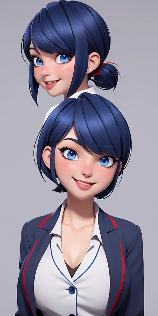 Dark blue, bob-cut hair with red-tipped ponytail, blue eyes, light makeup with winged eyeliner, neutral expression, white shirt with floral design, gray blazer, chest-up view, huge breasts, huge ass, Blush, Tongue Out, Smile, Simple background, Anime Style, 1girl, 