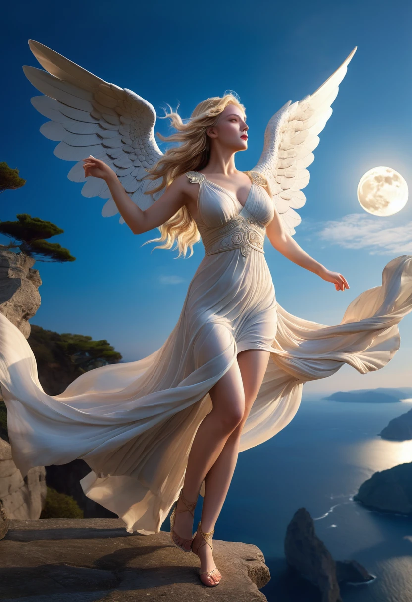Ancient Greek Sculpture「Victory of Samothrace」A digital reinterpretation of、A beautiful goddess dancing gracefully on a cliff on a full moon night、Beautiful goddess doing a high kick、Large, elaborately crafted wings、Beautifully detailed body and face、Beautifully drawn eyes in every detail、Beautifully detailed mouth、Long, flowing blonde hair、Lively expressions、Ideal proportions、Large Breasts、Narrow waist、Big Ass、Sheer skin、A sheer dress、Elegant dress fluttering in the wind、Dramatic lighting、Fantastic landscape、Cliff edge、Morning sky、an epic fantasy、Cinematic Angles、Photorealistic、8k、Very detailed、masterpiece
