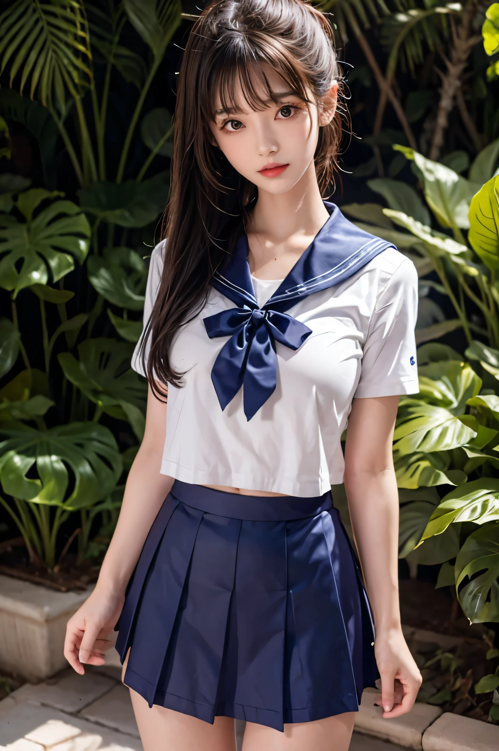 (Ultra HD), (Short-sleeved sailor uniform, Navy blue mini skirt), Big Breasts, slender, whole body, Standing posture, (Clean and shiny skin, Whitening, No makeup), (Super slim face, Super beautiful face), (Light Brown Ponytail, Layered Cut, Fluffy hair), (double eyelid, Slanted Eyes), Small Nose, Thin lips, Thin legs, school gate