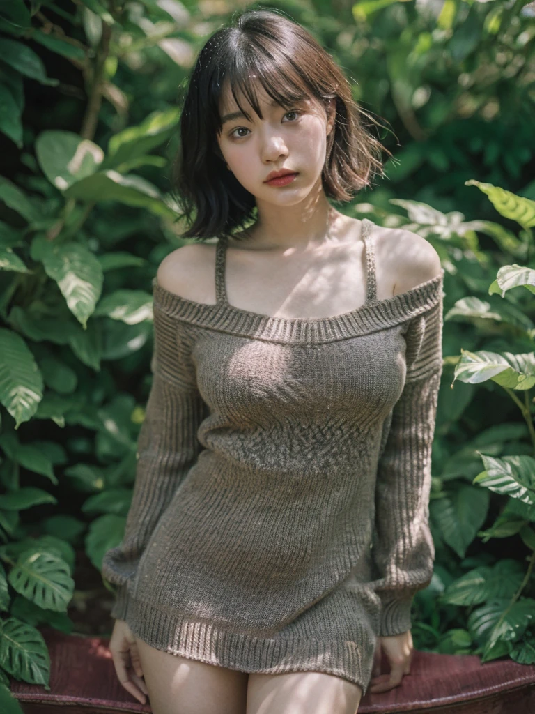 (full-length shot:1.3), (Best quality:1.3), 23y, 1sexy girl, JAV, (big breast:1.2), (tosca sweater dress), (cute face:1.4), wavy short hair blowing in the wind, (bangs:1.2), aesthetic posing in the corn plants, dramatic moment, kodacrhome, cinematic dark lighting, beautiful shadow and sunlight expossure, aesthetic, ultra highres, sharp focus, highly detailed, realistic face and skin, surreal view, shot by eos c with 35mm lens f2.0, (angle shot fom below:1.3), Portrait by annie leibovitz, perfect anatomy, perfrect object