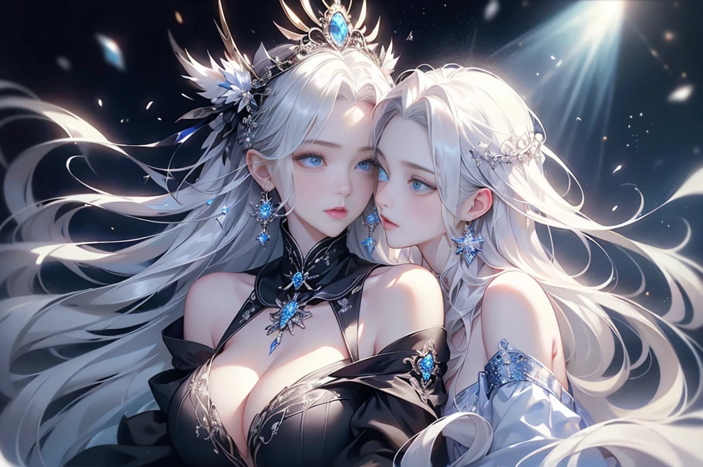((1 girl, 独奏:1.5))Night view,star,(White Haired Girl:1.3),((masterpiece))、(detailed)、(Backlight)(A fantastic atmosphere、Ancient Capital、Amazing beauty images、white dust、Light and dance-like、Suspended particles), (Black Dress、Long dress with sleeves、Expose your shoulders、Off the shoulder)、(Gray hair that changes with light、length, Lustrous gray hair、WHITE hair fluttering in the wind)、(Beautiful white and shining skin、Cheek Gloss Highlighter、Sexy and very beautiful and adorable face、The most beautiful face in the world、big, Sparkling Blue Eyes)、(Cute 25 year old girl、Beautiful medium sized breasts、Great cleavage, Narrow waist、Delicate shoulders、Slim figure)