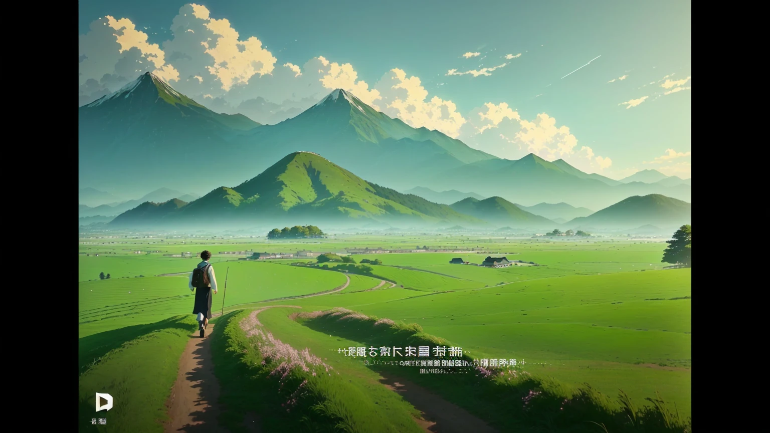 Close-up:A person walking in the field,A mountain in the background, Chiba Yudai, Cover Chinese text, YouTube video screenshot, Anime opening, Anime rural scenery, ( ( Shinkai Makoto ) ), Shinkai Makoto movie, Ghost Festival, with subtitles