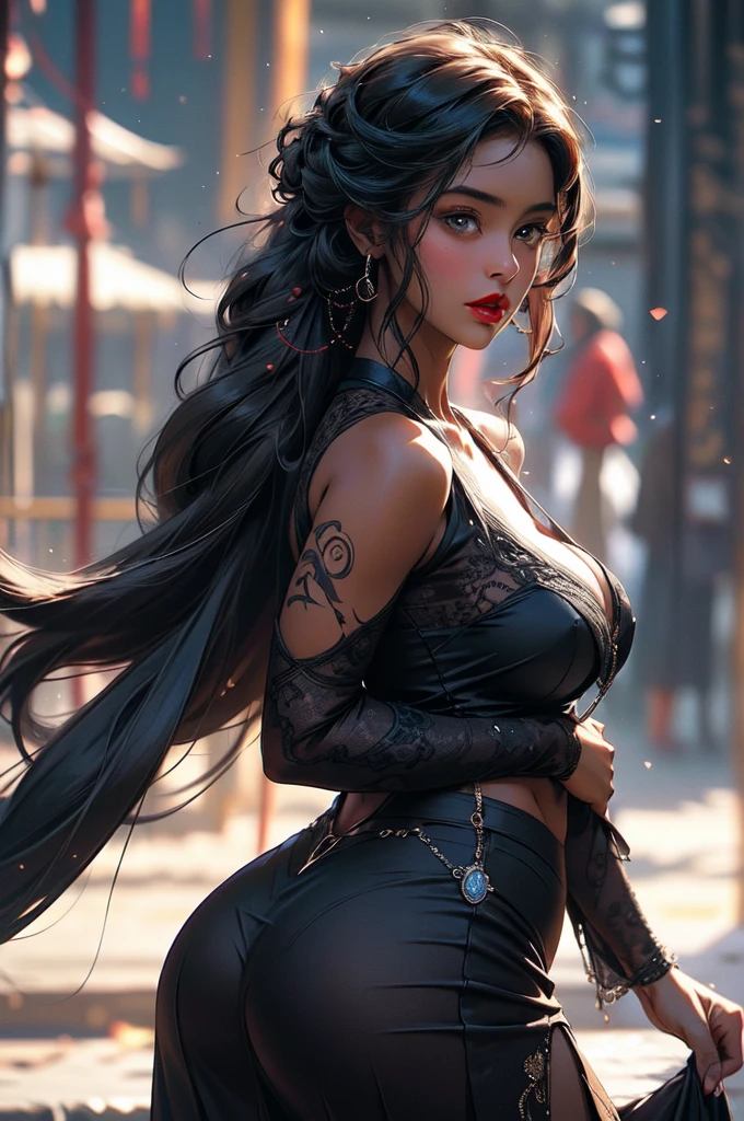 Hyperrealistic portrait of a beautiful 30yo black woman with red braided hair, red lipstick, ((voluptuous)), (extra detail in figure, masterpiece, best-quality, ultra_detailed)), thick thighs, wearing all black sleeveless skirt beautifully wrapped around her body, Canon R5, 200mm lens, sharp focus, and shot in RAW format, the photograph showcases an intricate photorealistic, and highly detailed face in 8k hd quality, (ample hips, insanely detailed accentuated big booty), ((8k, RAW photo, highest quality, masterpiece)), high detail RAW color photo professional portrait, (realistic, photorealism:1.5),