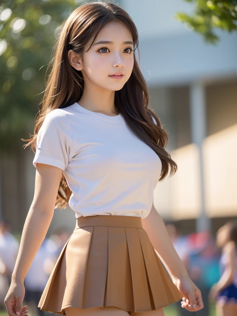 masterpiece, Highest quality, Very detailed, High resolution, (Realistic, photoRealistic:1.37), Excellent anatomy, One beautiful woman, Cheerleader, A small smile, cheer leading, Cheerleader uniform, (shape), Micro Pleated Mini Skirt, ((Very delicate and beautiful)), (Bokeh, Blurry outdoor background), Brown Hair, Long Hair, Very beautiful face, Cute type, Big Natural Color Lip, Big and pretty eyes, Brown eyes, Obvious double, Small and cute nose, Brown eyes, Shiny highlight spots around the eyes, Character Focus, Tilt your head, The best light, Best Shadow, mysterious, Perfect Face, Very detailed, Soft Skin, (Glowing Skin, Sweaty: 1.2)'Beautiful legs, Voluptuous thighs, Plump body, Huge breasts, (Expresses the roundness and softness of the chest area........1), Beautiful body, (A perfect feminine figure),