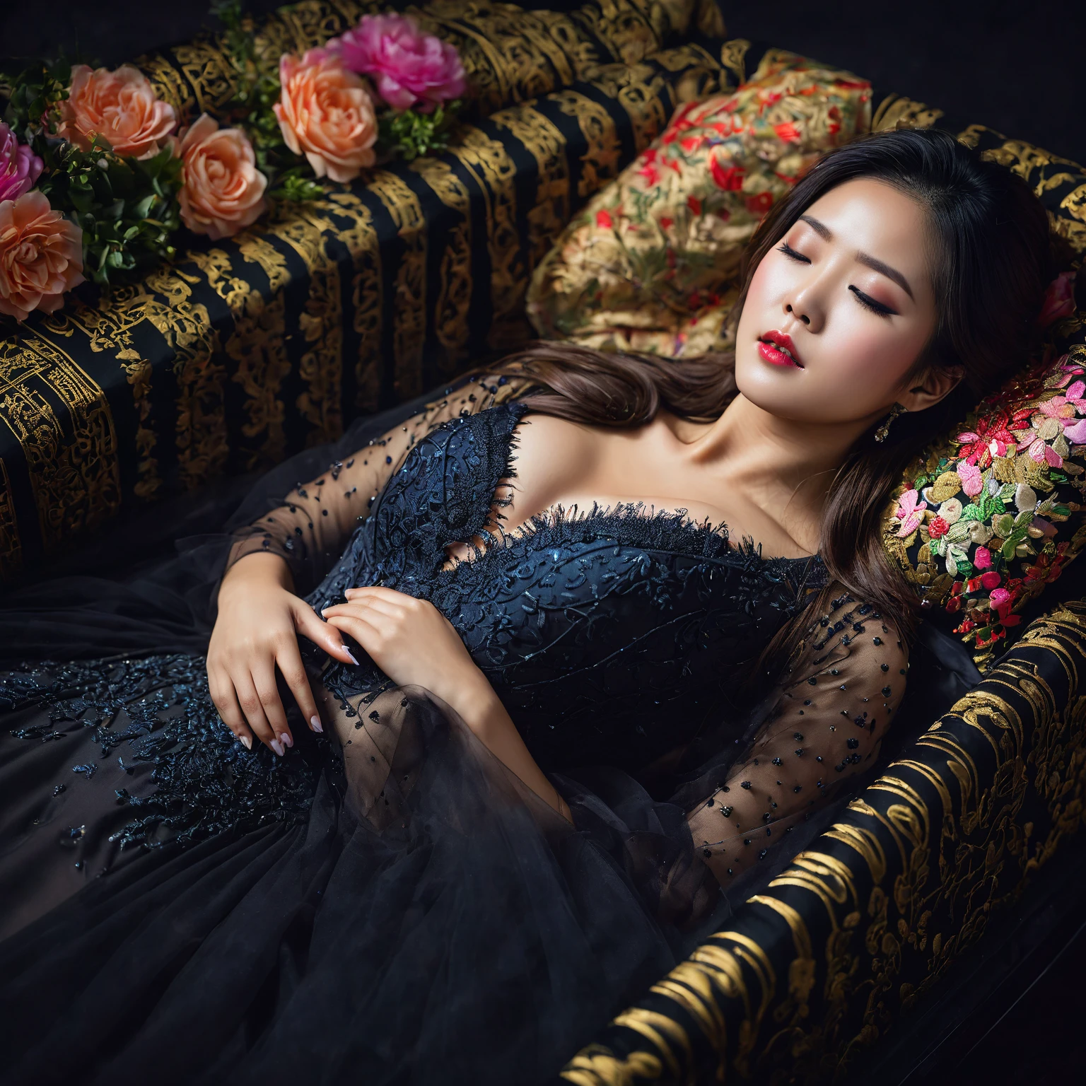 In a striking 8K HDR scene, a stunning Korean woman, 22 years old, lies peacefully in a black coffin surrounded by plush pillows. The deep box is set against a rich black background, accentuating the beauty of the subject. Her exquisite deep-V neckline kebaya attire is embroidered with superb detail, showcasing her round and firm breasts, perfect cleavage, and beautiful eyebrows. Her closed eyes and mouth give an air of serenity, while her visible and absolute cleavage leave nothing to imagination. The scene is bathed in saturated colors, highlighting every intricate aspect from the ball skirt to her clean face, straight body, detailed hand perfect hands, straight body, holding the flowers, straight legs, detailed fingers, detailed hand