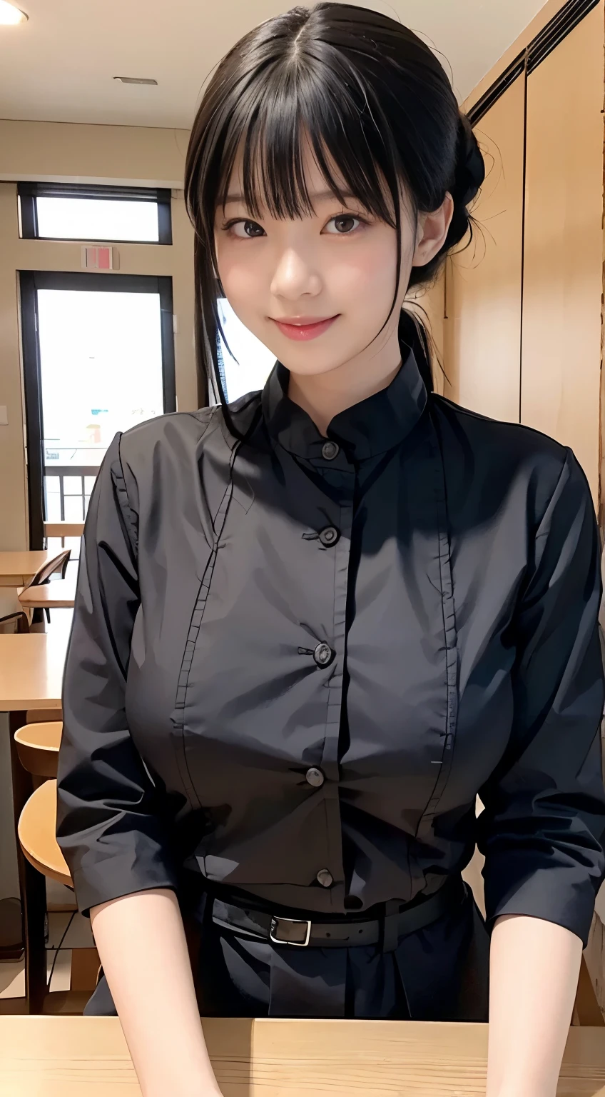 (Highest quality,masterpiece:1.3,Ultra-high resolution,),(Very detailed,Caustics),(Realistic:1.4,RAW shooting,)Ultra-Realistic Capture,Very detailed,High resolution 16K human skin closeup。 Natural skin texture、,pores、、、、It must be detailed enough to be easily identifiable。 Skin tone is even and healthy looking。 Use natural light and colour,restaurant,Waitress Uniform,1 girl,Japanese,18-year-old,cute,Black-haired,ponytail,Big Breasts,smile,Turn your body forward,(Front view:1.1),Looking into the camera,Cowboy Shot,