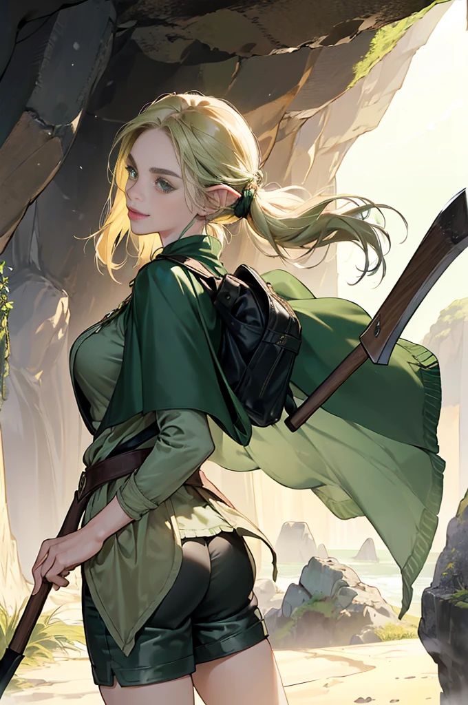 (((((girl))))), masterpiece, ultra detailed, 8K Portrait, Raw photo, woman's portrait photography, full body, Highly detailed smile face, ((Fantasy)), (((hobbit))), ((Adult)), 45 years old, 110cm, (((cave explorer))), ((white skin)), greenish blond twin tail hair, (wearing a helmet), (((dark green silk long cloak))) Fluttering in the wind, (((explorer safari jacket))), leather grooves, (((short pants))), (((large back pack))), (((equip a pickaxe))), Midday sun, Hyper realistic, Slender body, by the foggy castle, Ambient lighting, Shadow details , Camera focus on face, strong breeze, Light fog