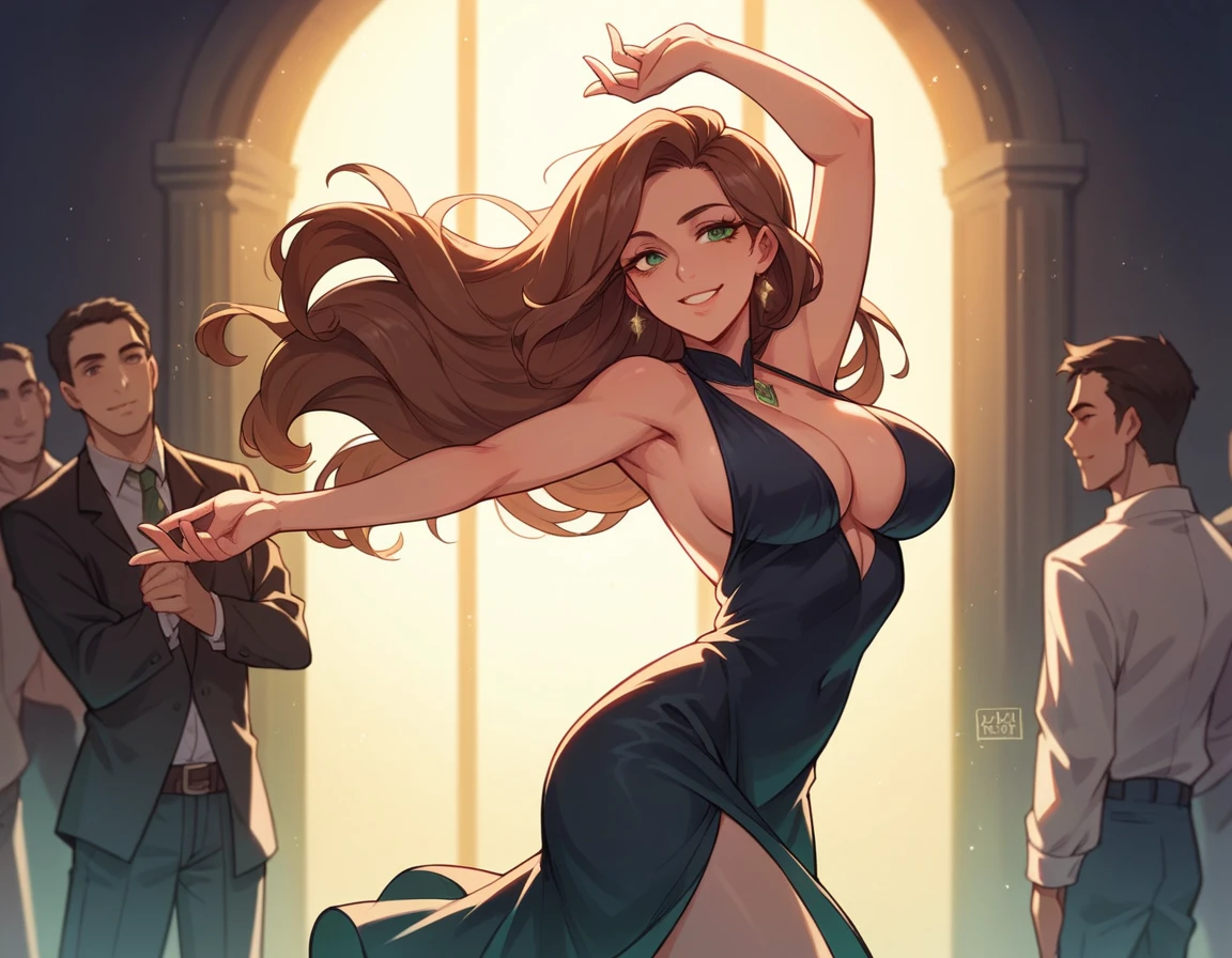 raw, analog style, a sincere, beautiful woman, (smiling), green eyes, long brown hair, wearing short black dress sexy miniskirt, at the disco, standing dancing, surrounded by men, big breasts, Soft lighting, evening, cozy (seductive look)