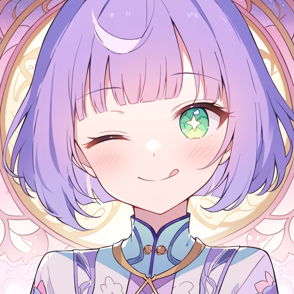Backlight, (art nouveau:1.2), pastel colors, 1girl, solo, portrait, purple hair, green eyes, blunt bangs, (;q:1.1), one eye closed, smug, closed mouth, tongue, glowing, perfect lighting, masterpiece, best quality, incredibly absurdres, ultra detailed, reflection, star-shaped pupil, A double peace sign next to eyes,Pink stage outfit,