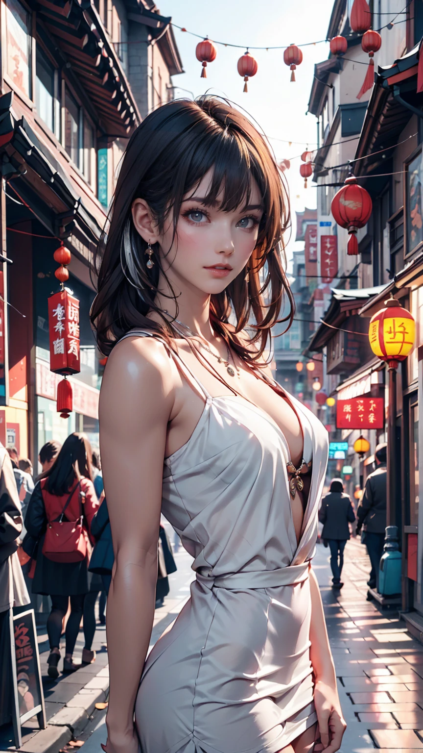 masterpiece, Highest quality, Ultra-high resolution,Photon Mapping,Best Shadow,Portraiture,Beauty Details,Ultra high definition,Long purple hair,Single Blade,Blunt bangs,Medium chest,city,Chinatown,Downtown,See through, Short dress, Low Cut:2, hair ornaments, Earrings, necklace, Portraiture, Silver Dress:2, View your viewers,alone,Professional Light, Detailed skin,