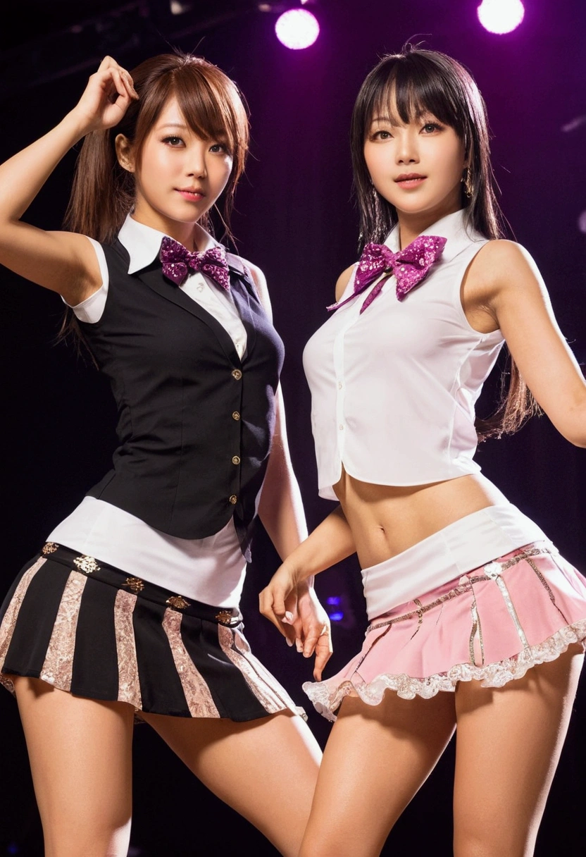 2 women,roromiya,ririchiyo, club dancer wears, miniskirt, dancing,Ascot, masterpiece, Highest quality
