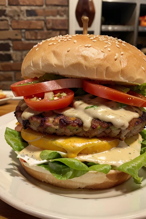 succulent burger with tomato, queso, lettuce, little onion, meat,