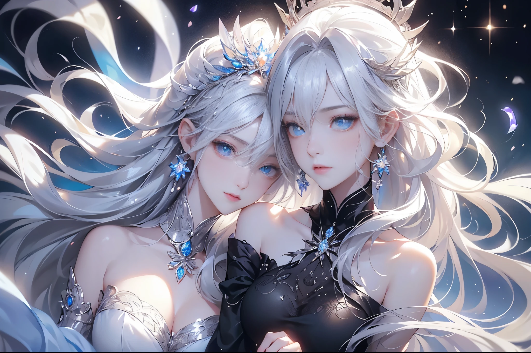 ((1 girl, 独奏:1.5))Night view,star,(White Haired Girl:1.3),((masterpiece))、(detailed)、(Backlight)(A fantastic atmosphere、Ancient Capital、Amazing beauty images、white dust、Light and dance-like、Suspended particles), (Black Dress、Long dress with sleeves、Expose your shoulders、Off the shoulder)、(Gray hair that changes with light、length, Lustrous gray hair、WHITE hair fluttering in the wind)、(Beautiful white and shining skin、Cheek Gloss Highlighter、Sexy and very beautiful and adorable face、The most beautiful face in the world、big, Sparkling Blue Eyes)、(Cute 25 year old girl、Beautiful medium sized breasts、Great cleavage, Narrow waist、Delicate shoulders、Slim figure)