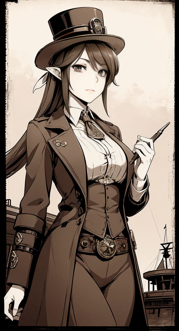 Sophisticated Hylia, hat, steampunk suit, airship, muted colors, red filter, aged photo effect,