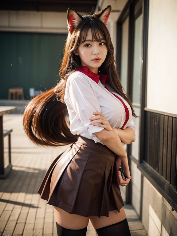 ((Highest quality, 8k)), ((masterpiece)), (Highest Resolution), Perfect Face, fox girl, high school girl, Beautiful woman, public, Has one tail, She has thick thighs, a large tail, She has a red fox tail, She wags her tail, Troubled face, fur collar, She wears a short skirt, Beautiful Hips , Big Breasts, The skirt is rolled up with a big tail