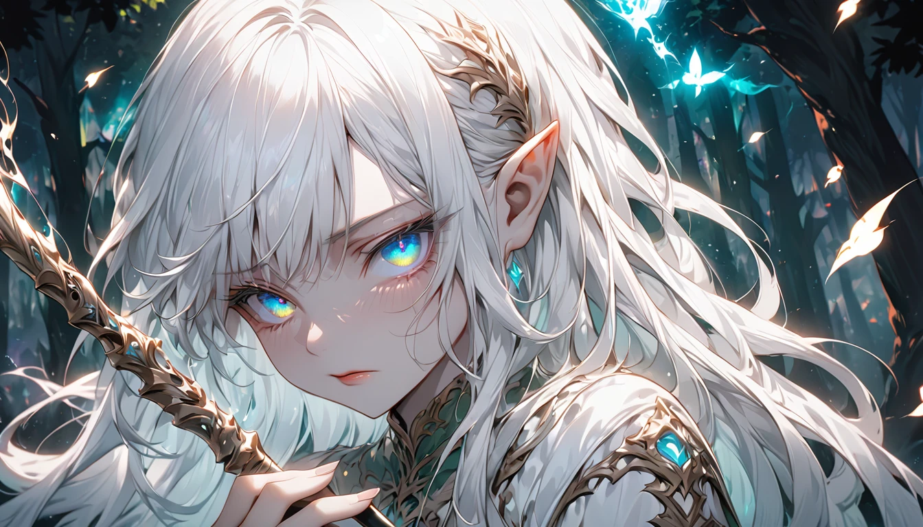 **95. One person。mysterious。Long-haired white-haired girl。Cowboy shot or close-up。
masterpiece , best quality , ultra detailed
(Detailed fingers), (Emotional), (Breathtakingly beautiful), (main part: 1.2 Whole body.), (Anime Style), (Very detailed), (Brutal), (超High resolution, High resolution), (8k), (High resolution: 1.2), (Complex and beautiful: 1.2)**
- background: Fantasy Forest、Animals gather。
- Long-haired white-haired girl: Delicately drawn elven costume、Sparkling Eyes。I have a magic wand in my hand。
- Effects: Light emanating from the wand、A magical aura hangs over the forest。