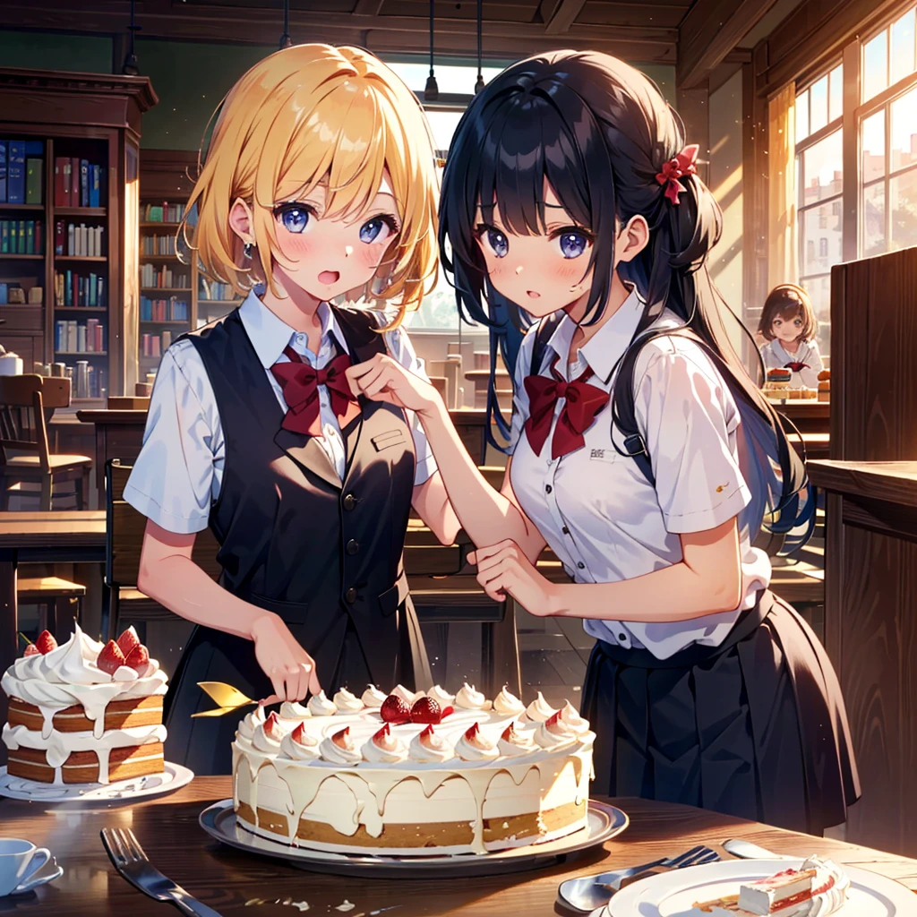 {{{Masterpiece, highest quality, high resolution background}}}, bright and beautiful atmosphere, 3 girls (2 years old, 1 short-tempered round face), 1 boy, 1 (hair, surface effects), poverty Breasts, a table in the library, school uniforms worn out, delicious-looking cakes lined up on the desk, girls blushing very much, fighting over the cake, fresh cream on their cheeks, "deltamon_sdXL :0.73) >Deltamon"