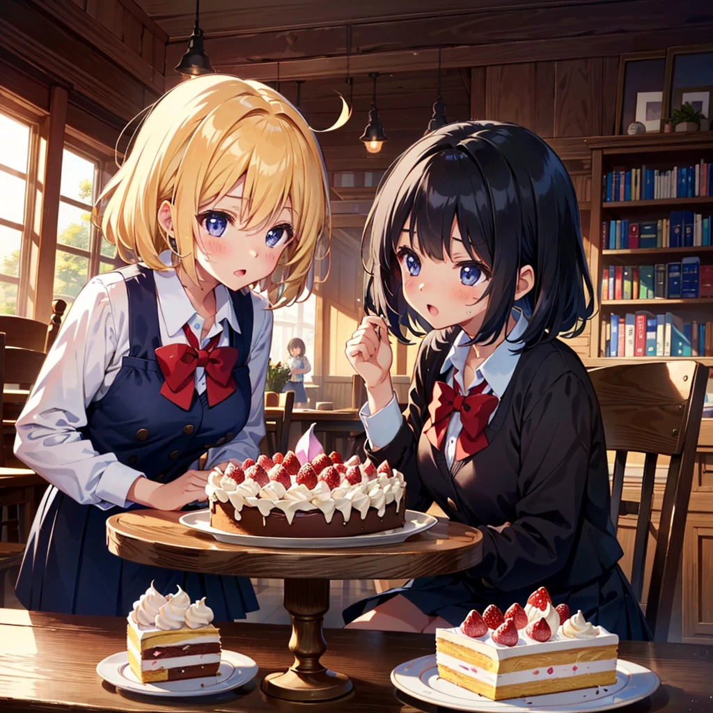 {{{Masterpiece, highest quality, high resolution background}}}, bright and beautiful atmosphere, 3 girls (2 years old, 1 short-tempered round face), 1 boy, 1 (hair, surface effects), poverty Breasts, a table in the library, school uniforms worn out, delicious-looking cakes lined up on the desk, girls blushing very much, fighting over the cake, fresh cream on their cheeks, "deltamon_sdXL :0.73) >Deltamon"