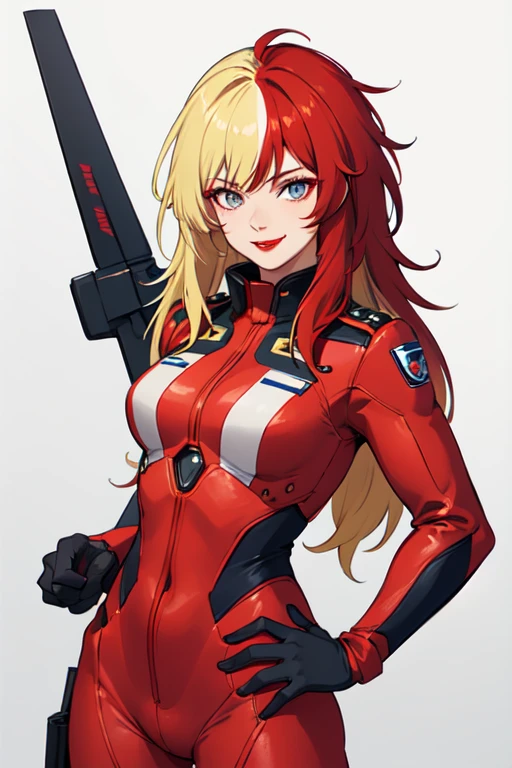 masterpiece,high quality,white background,solo,
chara_soon,1woman,
long hair,multicolored hair,two-tone hair,split-color hair,blonde hair,red hair,makeup,grey eyes,lipstick,
pilot suit,zion,
gloves,
smile,looking at viewer,cowboy shot,