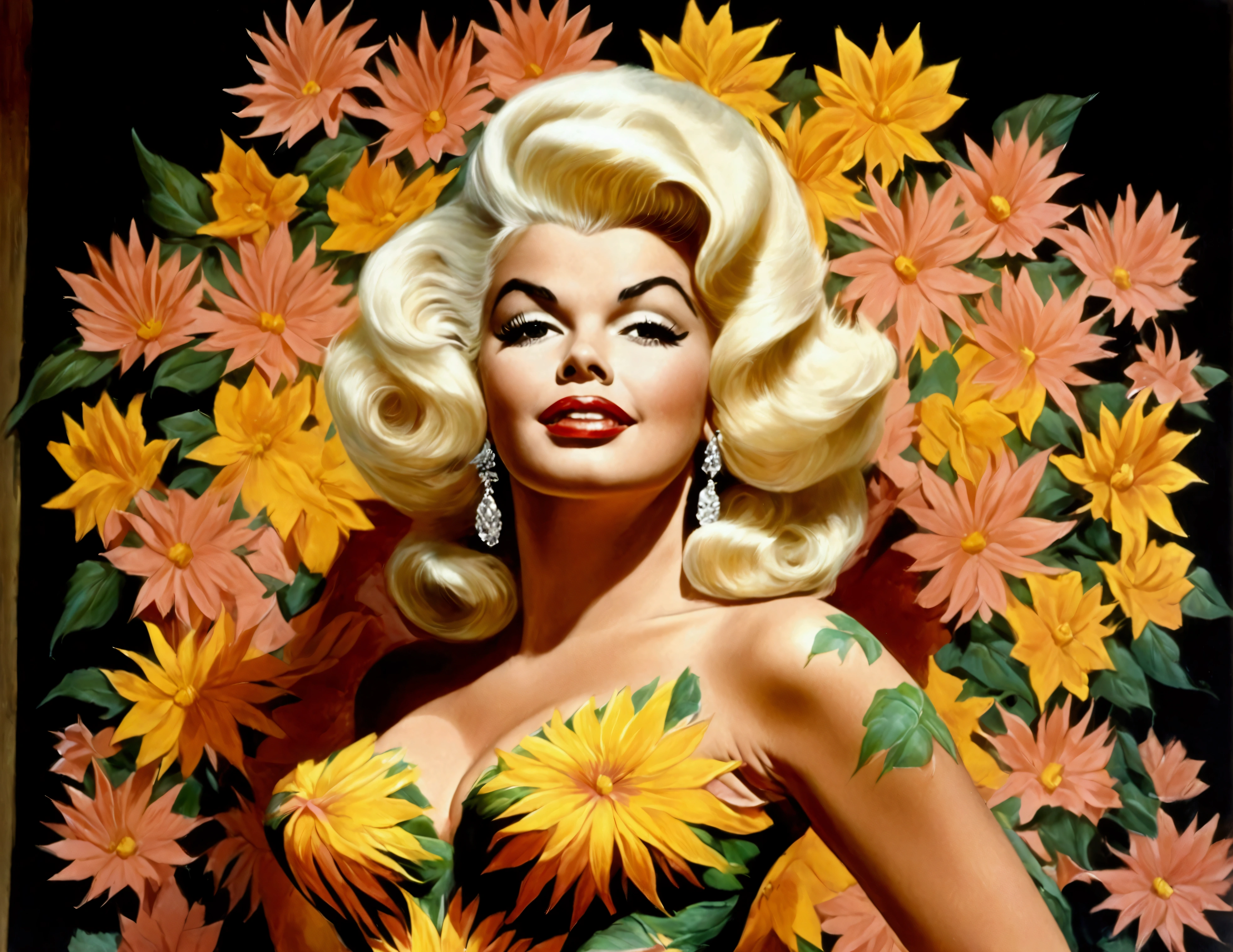 (Jayne Mansfield, age 25, extensive artistic body paint flower themed (only face and hands exposed)), doing an interpretive dance on stage, she is in spotlight, dancing like a flower in breeze