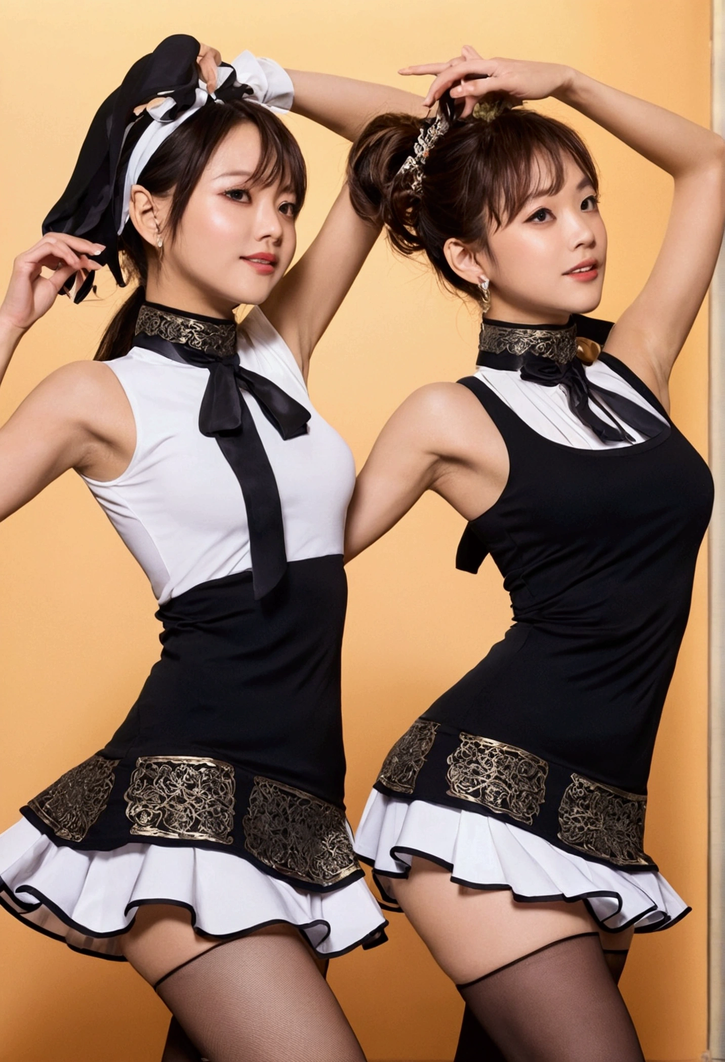 2 women,roromiya,ririchiyo, club dancer wears, miniskirt, dancing,Ascot, masterpiece, Highest quality