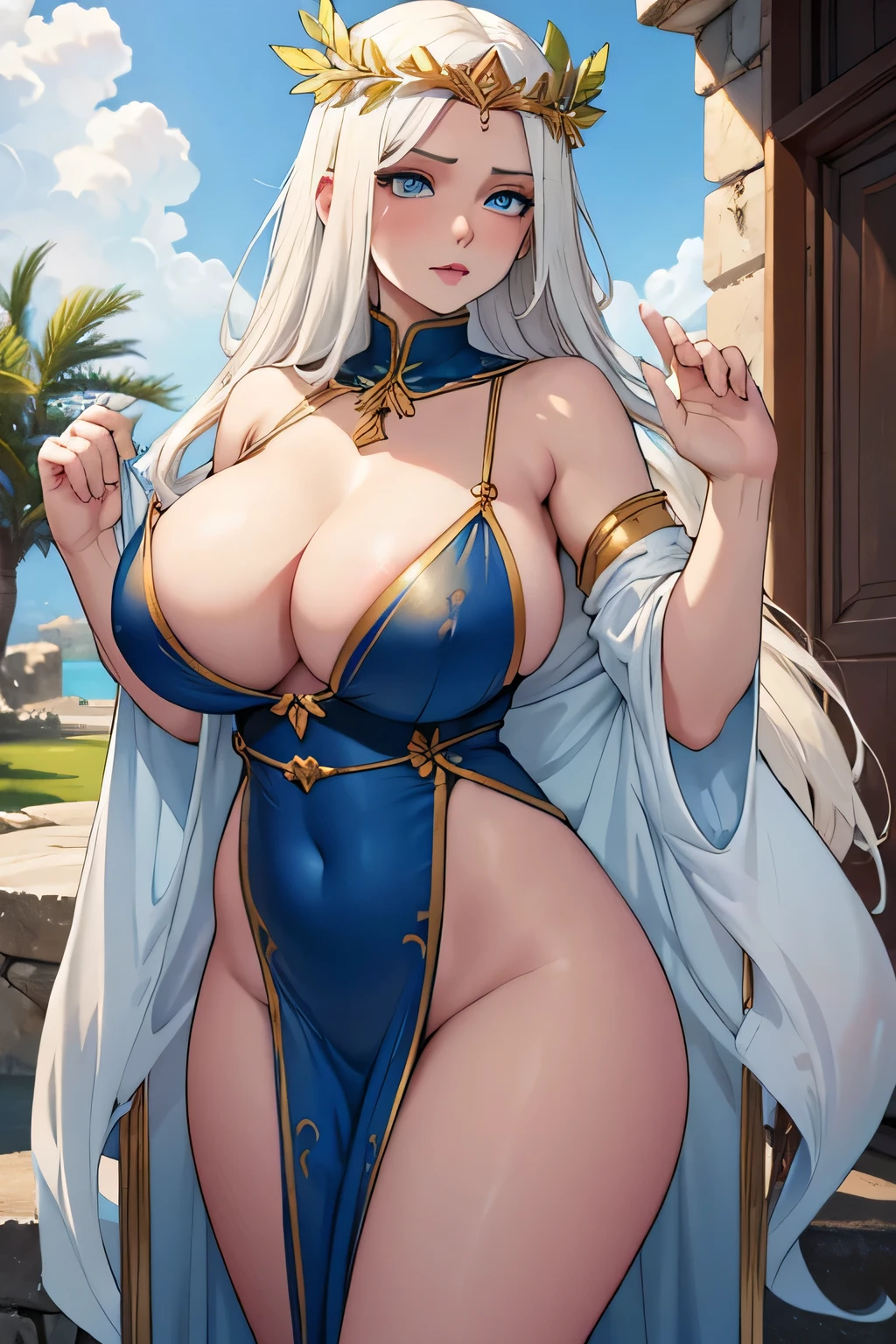 albino woman with very long hair, White skin, blue eyes, seductive look, big tits, giant breasts, milf, with sexy greek goddess fitted dress blue,vestido azul real, capa de reina sutil, very sexy greek goddess swimsuit, goddess appearance, beautiful goddess of olympus, very huge tits, olive branches around, gold laurel leaf tiara, in sexy and sensual pose, in Greece, gold laurel wreath, very busty, albino by the wide, giant tits