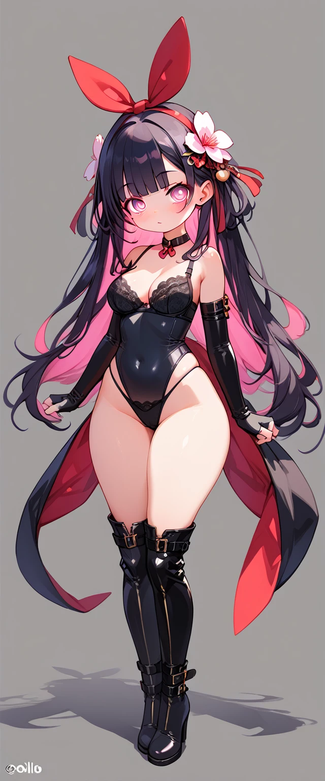 (masterpiece), (best quality), ((ultra-detailed)), (high resolution), (an extremely delicate and beautiful, super fine illustration), official art, BREAK (1girl), (loli:1.8), (tiny girl:1.6), (8yo) (medium breasts:1.4), (Thick thighs:1.8), (big ass:1.5), oily skin, (pure white skin), mouth opened, fangs, (hot pink eyes:1.3), (seductive mood:1.5), (clear face:1.5), (squinted eyes:2.1), BREAK (long pretty hair:1.3), silky hair, Black hair color, BREAK (black silk bra:1.7), (black fingerless elbow gloves:1.6), (black tight thong:1.5), (black thigh high lace up boots:1.4), (front view:1.5), full body,