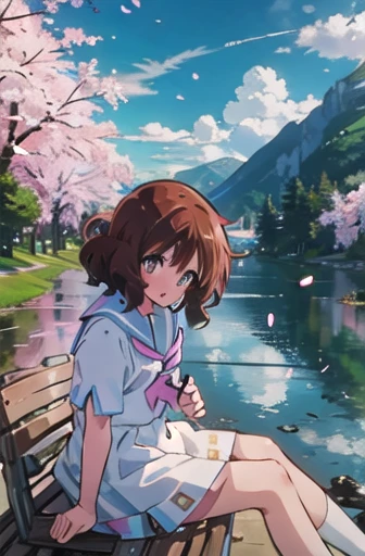 Kumiko Oumae (masterpiece),  BREAK 1girl,  white summer dress,  wavy hair,  floating hair,  smile,  sitting,  open mouth,  light particles,  brown hair,  amber eyes,  looking at viewer,  face focus, BREAK, scenery,  mountainous horizon,  cherry blossoms,  petals,  light particles,  BREAK upper body,  