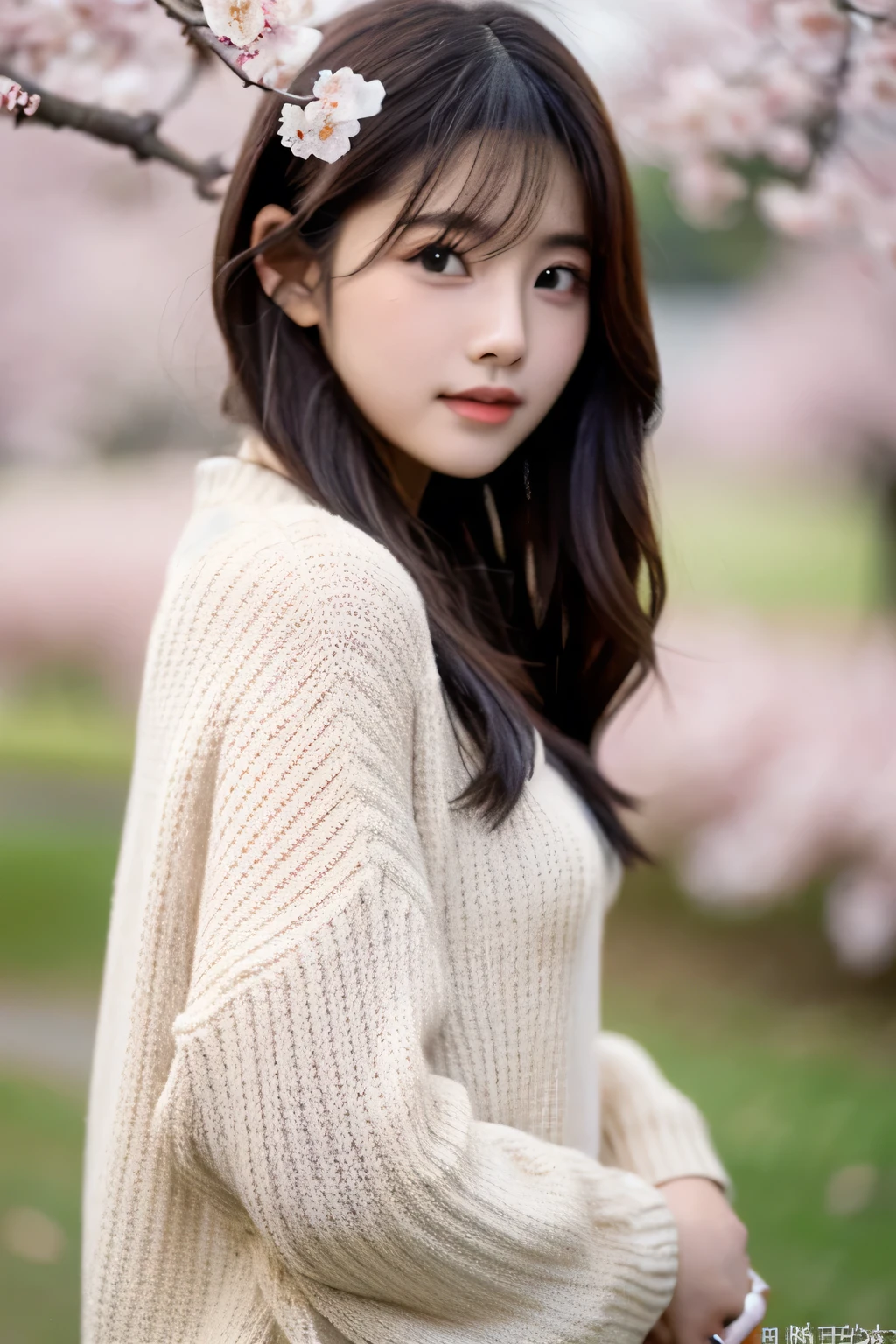 An intimate close-up photoshoot of Japanese Gravure idols wearing cozy, textured sweaters, standing beside a vibrant cherry blossom tree in full bloom. Their expressions are serene and gentle, capturing a moment of tranquil beauty. The background features beautiful bokeh effects, with a shallow depth of field that softly blurs the cherry blossoms, adding a dreamy quality to the scene. The shot is captured with a Canon 35mm lens, ensuring exceptional detail and clarity. The highly detailed image highlights the intricate knit patterns of their sweaters, the delicate petals of the cherry blossoms, and the idols' smooth, radiant skin. This professional photoshoot perfectly blends natural beauty with a refined, artistic touch.