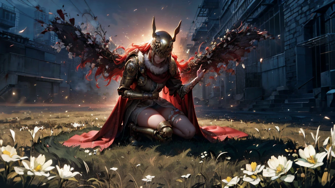 very detailed, high quality, masterpiece, prosthesis ноги, Single mechanical arm, prosthesis, armor, e.g, Helmet, brown dress, a sword, holding a sword, full body, wide shot, flower, water, field withered grass, red river, One, sunset, stylebuff, night, (dark environment), very detailed, high quality, masterpiece, beautiful, 1 girl, Single mechanical arm, armor, e.g, Helmet, full body, (Best quality)), ((masterpiece: 1.2) ), (extremely detailed: 1.1), (8 K, high quality, cinematic, hyper realistic, illustration), (autodesk maya, Octane rendering, unreal engine, game character, Ray tracing, HDR), (16mm focal length , f/4 apertures, Dynamic perspective, depth of field), (1 girl, Dynamic angle, casting pose. small, long bright red hair, blood-like, brown dress из шиповника, Single mechanical arm, prosthesis ноги, prosthesis, boots of battle. Cloak of blood, underlying golden armor, valley of withered flowers, ancient sculptures around it), 3d, realistic, computer graphics, 3d модель, beautiful, elegant, confident, (hdri, blossom, edge lighting, soft lighting, restrained), zhongfenghua, Gentle\(armor\) ancient robe, golden Helmet, magician_glamorous, caftan,