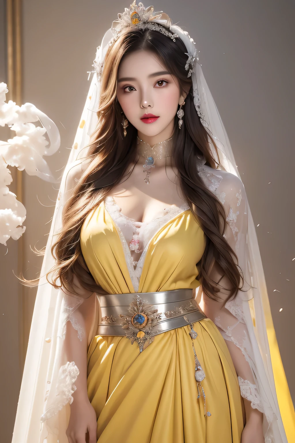 High-quality work,Realistic works,Super premium graphics,8K HD CG works,high quality graphics,High-definition and exquisite CG works,10x pixels,Ultra-fine details:1.1,Advanced technical details:1.1Realistic photo effects,Interior lighting effects:1.5,natural soft light:1.5. Light effect(Virtual light effects:1.8),ultra high resolution,shining dress,sliver long hair,silber hair,transparenthair,high detailed hair(Quality hair details:1.1)Clear eyes,Double eyelids look good,Sharp eye makeup, Create exquisite eyelash makeup, tthin eyebrows, Ultra-detailed eyes,a tall nose, lovely red lips, rosey cheeks, With delicate makeup on her face , pretty face, The face shape is perfectly proportioned,(Advanced facial details:1.1)A beautiful 27-year-old saint, a mature and attractive female saint in a thin silk ao dai, nude on her chest, beautiful face without blemishes, wearing a thin colorful silk dress that see through her breasts, ((( Natural smile:1.0)), ((flat bangs:0.5) ), ((((platinum long hair:0.8))) , big crown, hair brooch, hanfu skirt, fanciful hanfu style, page full body strength, forehead tattoo, super even chest, woman face, pretty and pretty face, ((even porcelain teeth: 0.8), light red lipstick the most beautiful and detailed , super flat huge breasts, (((Thin thin plump lips: 0.3)), ((Yellow eye color: 1.2), Detailed and delicate lighting effects, light and dark, light impression, light fanciful, extremely detailed light, true color, super sharp, realistic, 8k quality, fantasy universe background, saintess and fanciful space, the most detailed image, ((Solo:0.3) )), ((a saintess:0.6)) , ((looks straight at the saint's upper body:0.4)), upper body, ((smooth skin:0.5)), ((holy veil: female:1.2)), ((solo:1.3)), ((alone girl :1.3)), saint portrait, short photo, Body portrait, ((((open mouth:0.6))), Digital Realistic, ((fanciful red smoke effect:1.2)),,Women's artwork,Dress full body video,Realism,Amazing Cleavage,My eyes are very bright today