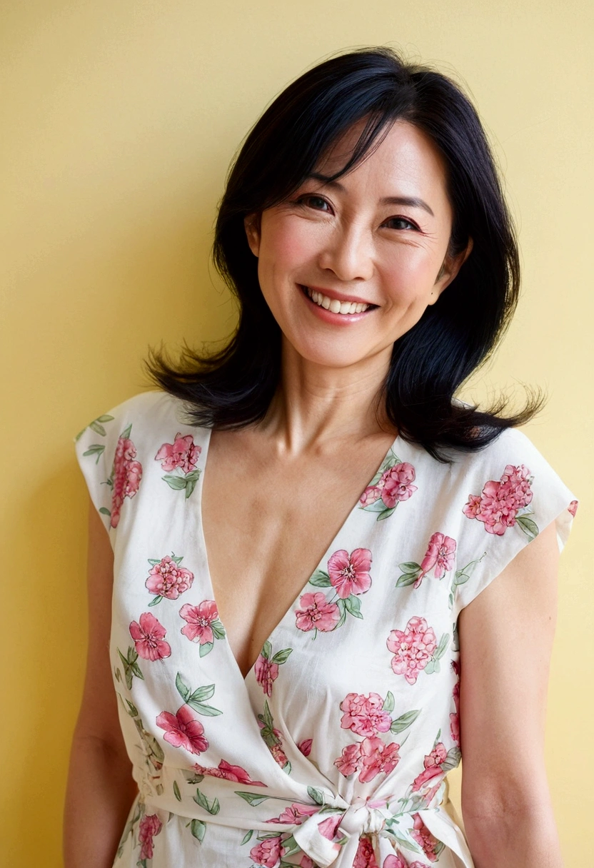 One Woman、Around 40 years old、Mature atmosphere、Japanese、A cheerful smile、Body is thin、The bust is large、Bright, summery outfit、Black Hair、Eyes are large、Simple wall background、A bust-up photo that shows as much of your face as possible、Model-style photo、Indoor shooting、