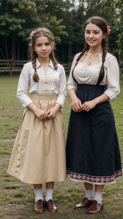 front view, stand on field, ((girl and her 1 girl with stand on ground :1.3)) ,1945 years June, Europeans War is end , 1 girl is 25 years-old, (brown hair ,double braid, smile), (slime body, traditional German costumes from the 1930s) (The women are wearing embroidered Dirndls, which include a close-fitting bodice with a low neckline, a blouse worn under the bodice), (Black wide high-waisted knit skirt, An ankle-length skirt ), (White apron, flower arrange embroidered apron), traditional shoes, The setting is a rural village during a festival, with people engaging in traditional activities and celebrating their heritage , textured skin , (HI detailed skin, (foreshortening, Canon, 8K, anatomically correct, super detail, high details, highness))