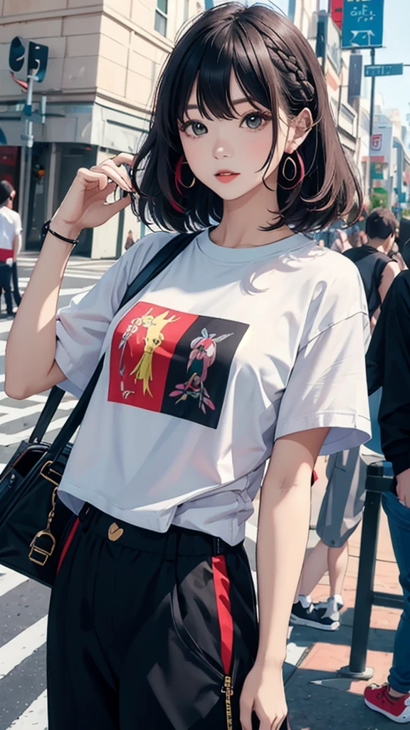 masterpiece, Highest quality, Spring outfit, Colorful Hair, Outdoor, Upper Body,Wearing a T-shirt and pants
