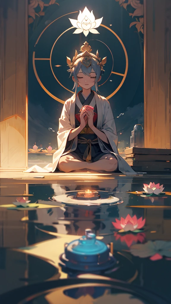 Bodhisattva Seishi, hands together, lotus seat, zazen, halo, water bottle crown, light of wisdom, masterpiece of water of wisdom,