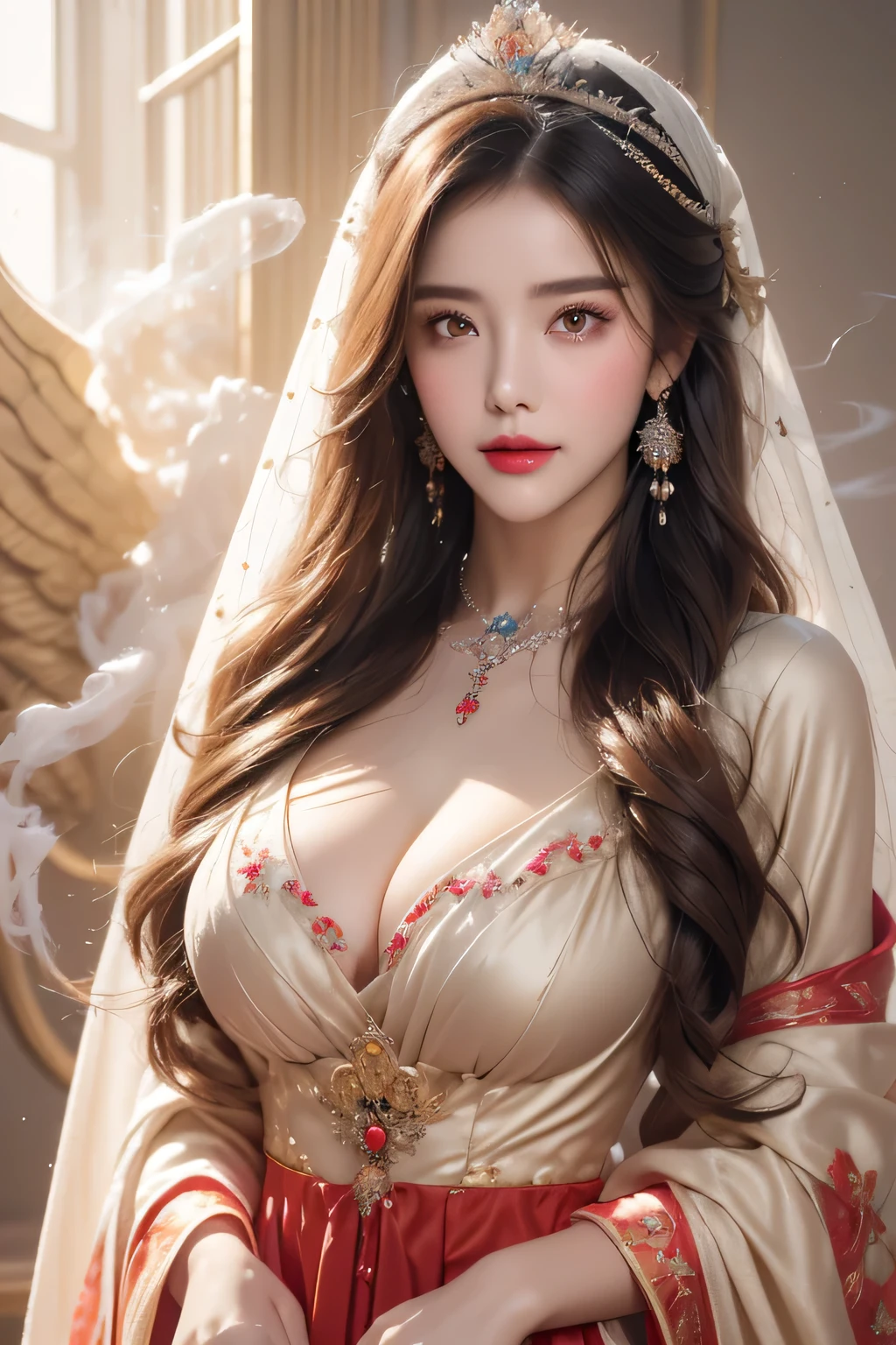 High-quality work,Realistic works,Super premium graphics,8K HD CG works,high quality graphics,High-definition and exquisite CG works,10x pixels,Ultra-fine details:1.1,Advanced technical details:1.1Realistic photo effects,Interior lighting effects:1.5,natural soft light:1.5. Light effect(Virtual light effects:1.8),ultra high resolution,shining dress,sliver long hair,silber hair,transparenthair,high detailed hair(Quality hair details:1.1)Clear eyes,Double eyelids look good,Sharp eye makeup, Create exquisite eyelash makeup, tthin eyebrows, Ultra-detailed eyes,a tall nose, lovely red lips, rosey cheeks, With delicate makeup on her face , pretty face, The face shape is perfectly proportioned,(Advanced facial details:1.1)A beautiful 27-year-old saint, a mature and attractive female saint in a thin silk ao dai, nude on her chest, beautiful face without blemishes, wearing a thin colorful silk dress that see through her breasts, ((( Natural smile:1.0)), ((flat bangs:0.5) ), ((((platinum long hair:0.8))) , big crown, hair brooch, hanfu skirt, fanciful hanfu style, page full body strength, forehead tattoo, super even chest, woman face, pretty and pretty face, ((even porcelain teeth: 0.8), light red lipstick the most beautiful and detailed , super flat huge breasts, (((Thin thin plump lips: 0.3)), ((Yellow eye color: 1.2), Detailed and delicate lighting effects, light and dark, light impression, light fanciful, extremely detailed light, true color, super sharp, realistic, 8k quality, fantasy universe background, saintess and fanciful space, the most detailed image, ((Solo:0.3) )), ((a saintess:0.6)) , ((looks straight at the saint's upper body:0.4)), upper body, ((smooth skin:0.5)), ((holy veil: female:1.2)), ((solo:1.3)), ((alone girl :1.3)), saint portrait, short photo, Body portrait, ((((open mouth:0.6))), Digital Realistic, ((fanciful red smoke effect:1.2)),,Women's artwork,Dress full body video,Realism,Amazing Cleavage,My eyes are very bright today