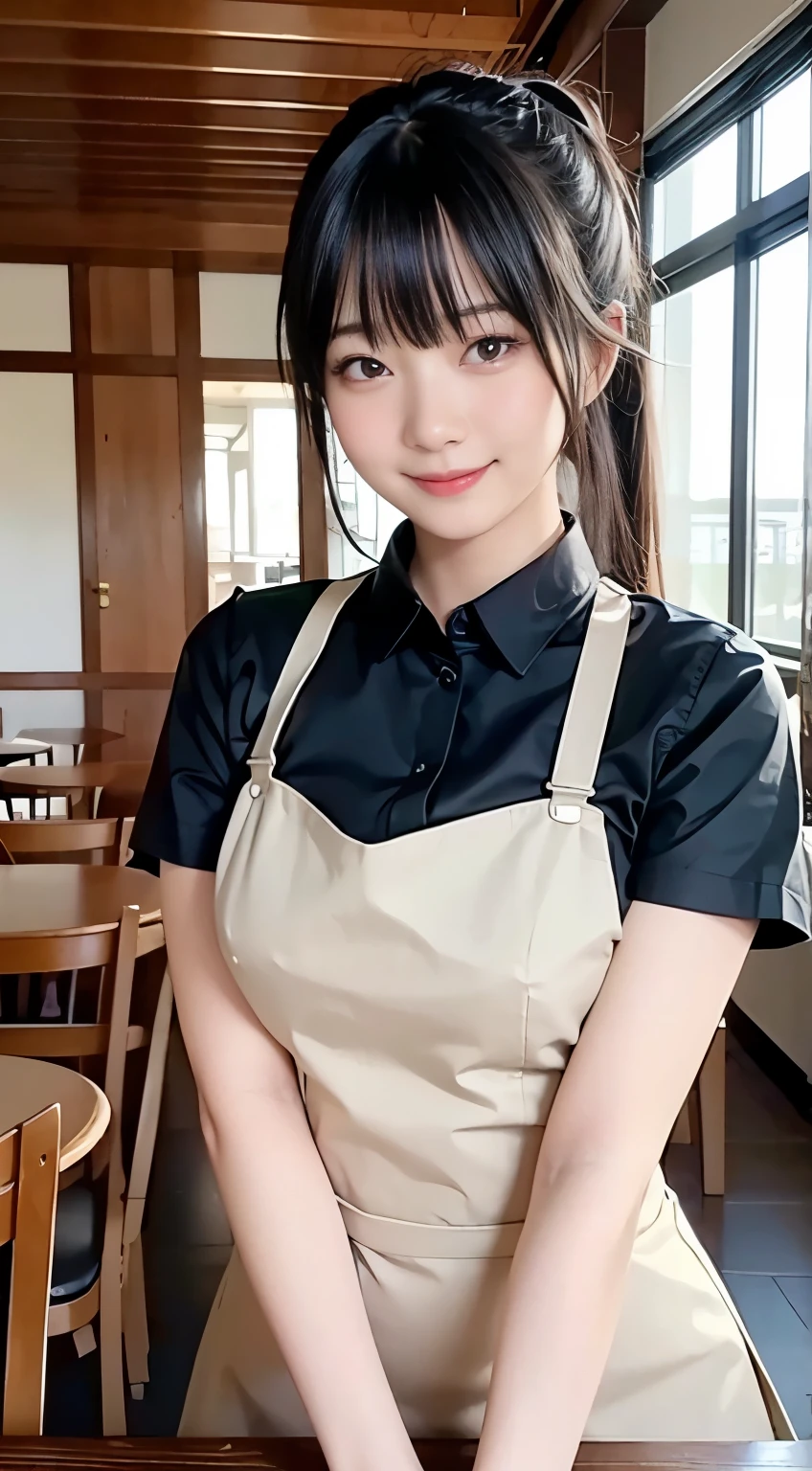 (Highest quality,masterpiece:1.3,Ultra-high resolution,),(Very detailed,Caustics),(Realistic:1.4,RAW shooting,)Ultra-Realistic Capture,Very detailed,High resolution 16K human skin closeup。 Natural skin texture、,pores、、、、It must be detailed enough to be easily identifiable。 Skin tone is even and healthy looking。 Use natural light and colour,restaurant,Waitress Uniform,1 girl,Japanese,18-year-old,cute,Black-haired,ponytail,Big Breasts,smile,Turn your body forward,(Front view:1.1),Looking into the camera,Cowboy Shot,