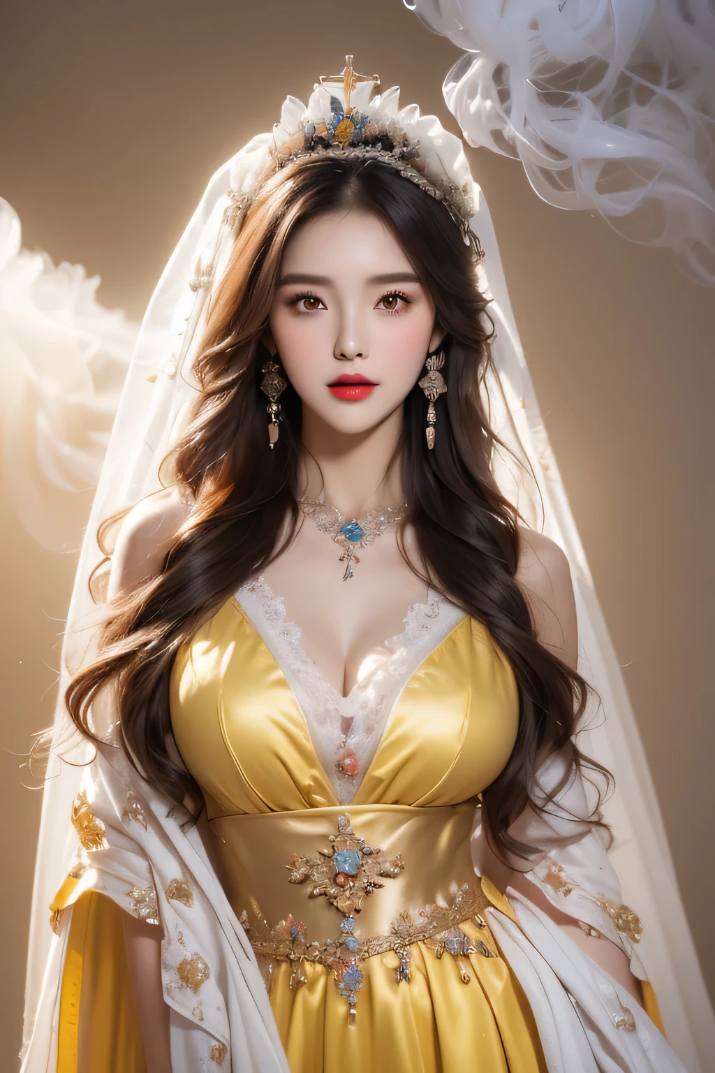 High-quality work,Realistic works,Super premium graphics,8K HD CG works,high quality graphics,High-definition and exquisite CG works,10x pixels,Ultra-fine details:1.1,Advanced technical details:1.1Realistic photo effects,Interior lighting effects:1.5,natural soft light:1.5. Light effect(Virtual light effects:1.8),ultra high resolution,shining dress,sliver long hair,silber hair,transparenthair,high detailed hair(Quality hair details:1.1)Clear eyes,Double eyelids look good,Sharp eye makeup, Create exquisite eyelash makeup, tthin eyebrows, Ultra-detailed eyes,a tall nose, lovely red lips, rosey cheeks, With delicate makeup on her face , pretty face, The face shape is perfectly proportioned,(Advanced facial details:1.1)A beautiful 27-year-old saint, a mature and attractive female saint in a thin silk ao dai, nude on her chest, beautiful face without blemishes, wearing a thin colorful silk dress that see through her breasts, ((( Natural smile:1.0)), ((flat bangs:0.5) ), ((((platinum long hair:0.8))) , big crown, hair brooch, hanfu skirt, fanciful hanfu style, page full body strength, forehead tattoo, super even chest, woman face, pretty and pretty face, ((even porcelain teeth: 0.8), light red lipstick the most beautiful and detailed , super flat huge breasts, (((Thin thin plump lips: 0.3)), ((Yellow eye color: 1.2), Detailed and delicate lighting effects, light and dark, light impression, light fanciful, extremely detailed light, true color, super sharp, realistic, 8k quality, fantasy universe background, saintess and fanciful space, the most detailed image, ((Solo:0.3) )), ((a saintess:0.6)) , ((looks straight at the saint's upper body:0.4)), upper body, ((smooth skin:0.5)), ((holy veil: female:1.2)), ((solo:1.3)), ((alone girl :1.3)), saint portrait, short photo, Body portrait, ((((open mouth:0.6))), Digital Realistic, ((fanciful red smoke effect:1.2)),,Women's artwork,Dress full body video,Realism,Amazing Cleavage,My eyes are very bright today