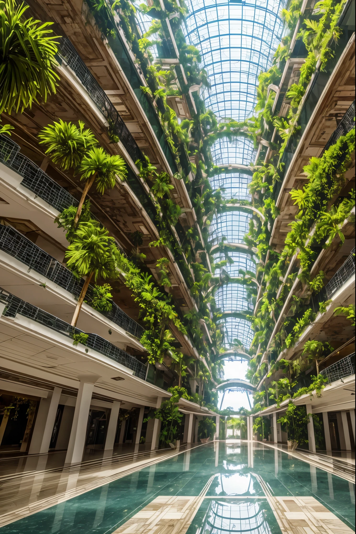 Large fantasy abandoned mall, flooded floor, glass ceiling, upstairs viewpoint with parapet, trees, vines, orchids, bromeliads, palm trees, ornaments, golden, many plants, tropical plants, marble walls, dynamic light, 8K, masterpiece, ultra detailed, beautiful.