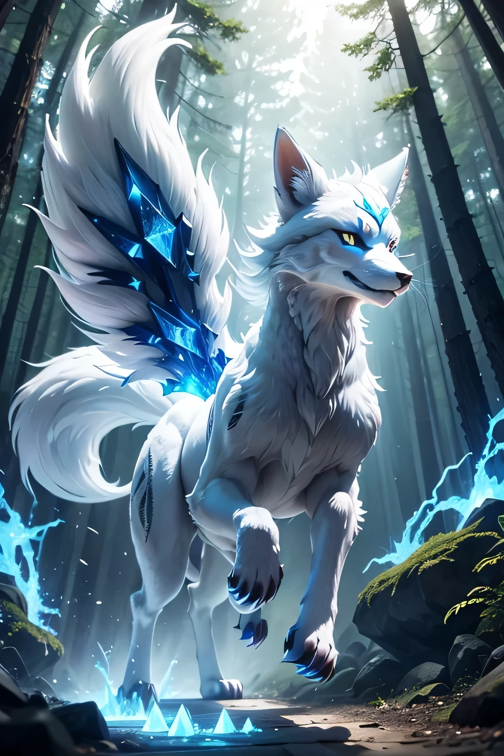 9-tailed fox running in the forest, Day Light, epic, anime styling, beautiful and monstrous, masterful, pelugem linda, white and blue, blue bright eyes, crystals in the body, diamond paws and claws., ultra detaild, anime style, bijuu, 3 meters tall, sideways raptor. anime styling. Long and long body, giant caldas, powerful appearance, paws with sharp and large diamond claws, body tunified by sharp diamonds. Shiny diamond paws