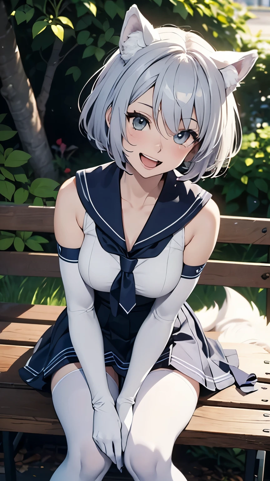 Tabletop High resolution Best image quality 8k Adult female Portraiture White long gloves(Elbow Gloves) Pure white pantyhose Sailor suit(Sleeveless) mini skirt White wolf ears short hair((Shortcuts)(Gray Hair)(Perm)(fluffy)) Eye color is blue Attractive face((Laughter)(smile)(Open your mouth)) Sit on a bench garden draw a picture