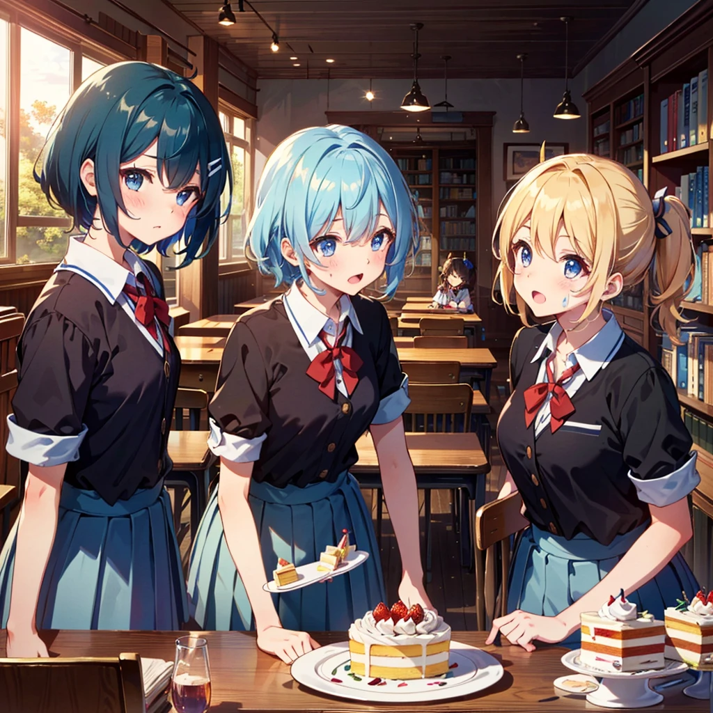 {{{Masterpiece, highest quality, high resolution background}}}, bright and beautiful atmosphere, 3 girls (2 years old, 1 short-tempered round face), 1 boy, 1 (hair, surface effects), poverty Breasts, a table in the library, school uniforms worn out, delicious-looking cakes lined up on the desk, girls blushing very much, fighting over the cake, fresh cream on their cheeks, "deltamon_sdXL :0.73) >Deltamon"
