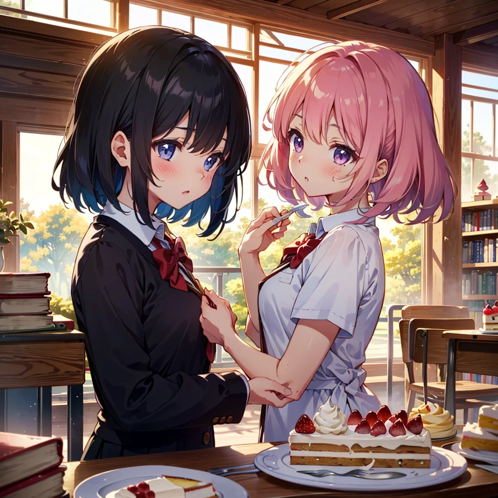 {{{Masterpiece, highest quality, high resolution background}}}, bright and beautiful atmosphere, 3 girls (2 , 1 short-tempered round face), 1 boy, 1 (hair, surface effects), poverty Breasts, a table in the library, school uniforms worn out, delicious-looking cakes lined up on the desk, girls blushing very much, fighting over the cake, fresh cream on their cheeks, "deltamon_sdXL :0.73) >Deltamon"