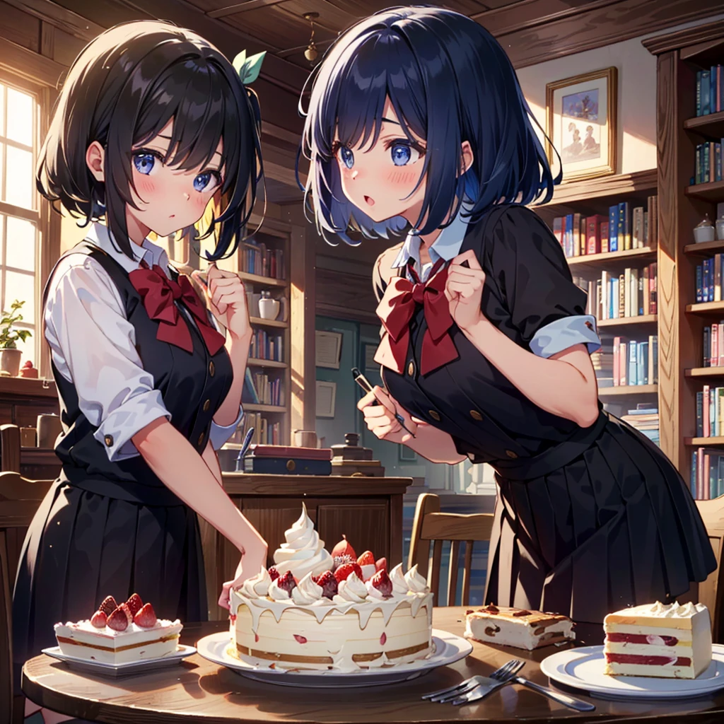 {{{Masterpiece, highest quality, high resolution background}}}, bright and beautiful atmosphere, 3 girls (2 years old, 1 short-tempered round face), 1 boy, 1 (hair, surface effects), poverty Breasts, a table in the library, school uniforms worn out, delicious-looking cakes lined up on the desk, girls blushing very much, fighting over the cake, fresh cream on their cheeks, "deltamon_sdXL :0.73) >Deltamon"