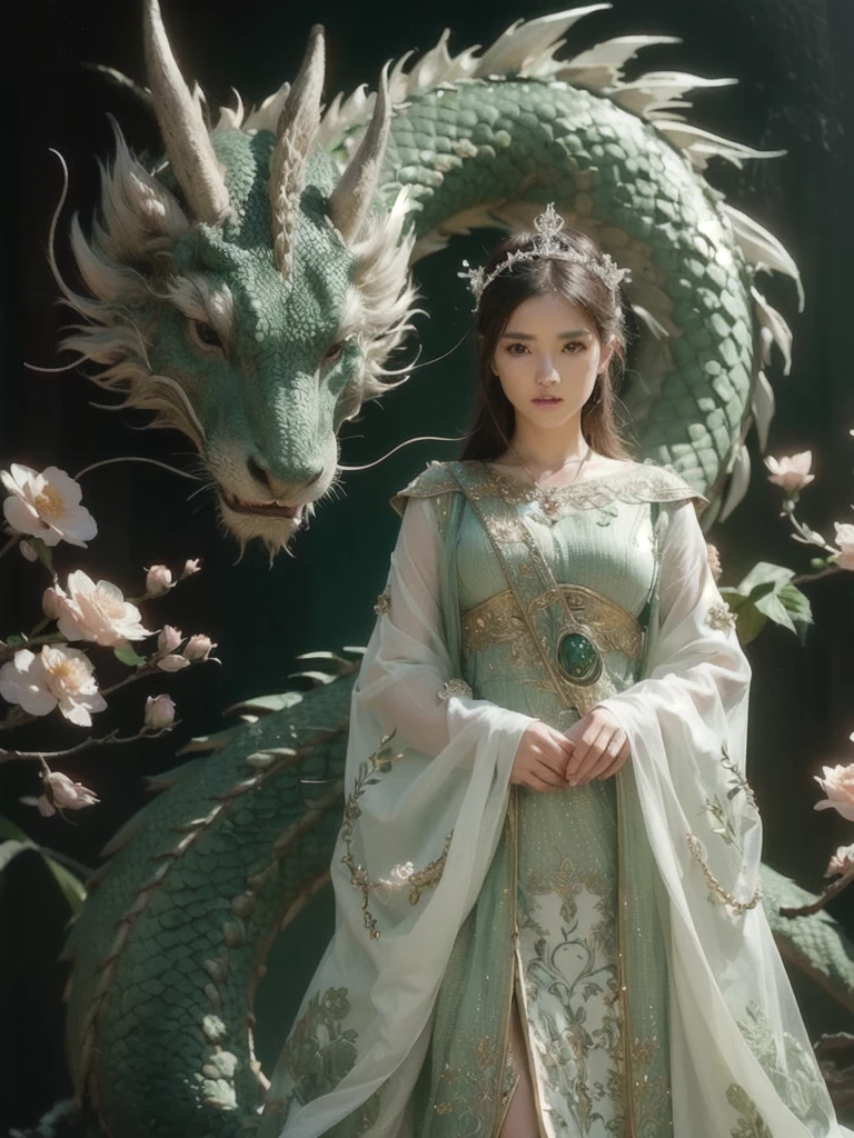 a beautiful woman in a green and white dress standing next to a dragon, masterpiece