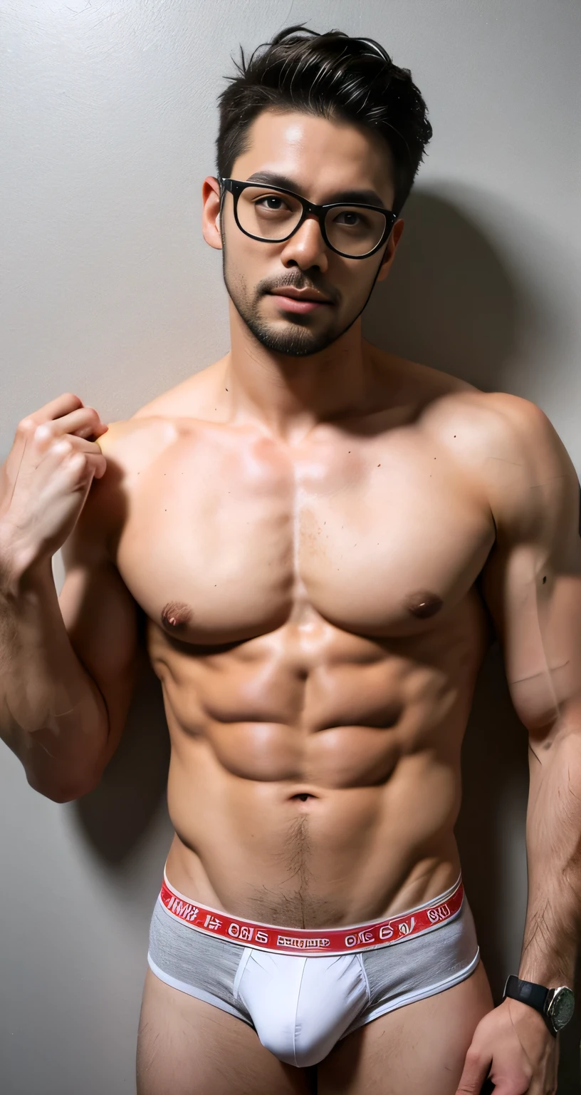  natural male、30 years old、male、Japanese、very handsome、abs、Pectoral muscle、ck black-underwear、sexy pose、body hair、full-length picture,wearing glasses or dog's mask