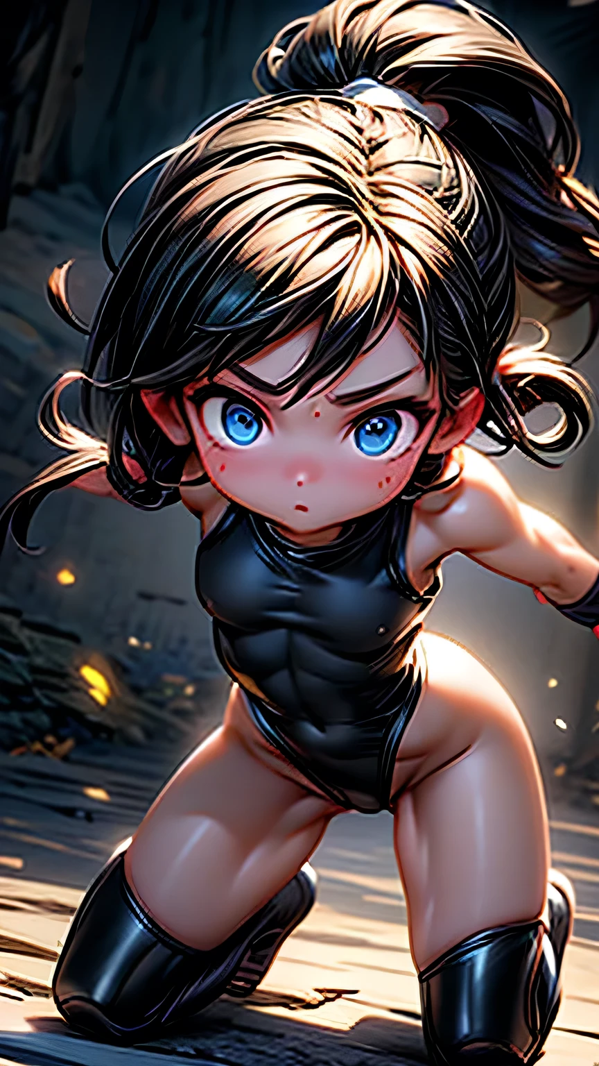 high quality, Real engine, Female Fighter, Fighting Pose、In the battle scene, Ready to fight, 4K, Invincible, The best warrior, Fighting Pose, Aggressive, sweating, Blood vessel, (Big Breasts), Toned Abs, White skin, Black ponytail, (((Black leotard))), Looking into the camera、masterpiece, 最high quality, high quality, High resolution、Realistic、(Cinema Lighting)、Detail emphasis, Beautiful lighting、Sharp focus. 超Detailed face、Detailed Iole Hair、Black Hair、Long Hair、Beautiful Hairstyles、Detailed face、Exposed breasts、Cleavage、(Big Breasts)、(Hard nipples)、Incredibly stupid, It seems ridiculous.., (((Black leotard))), In a dark cave、Inside a realistic cave、On all fours
